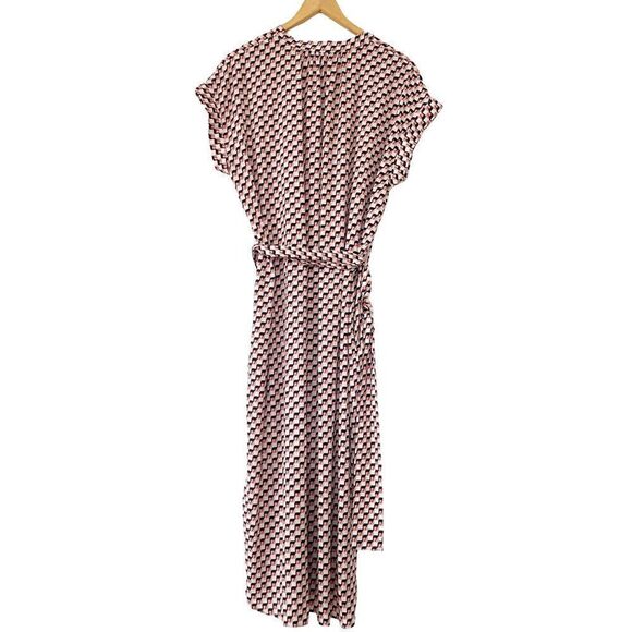 M&S Collection Pink Navy Geometric Pattern Cuffed Short Sleeve Midi Dress - Picture 2 of 9